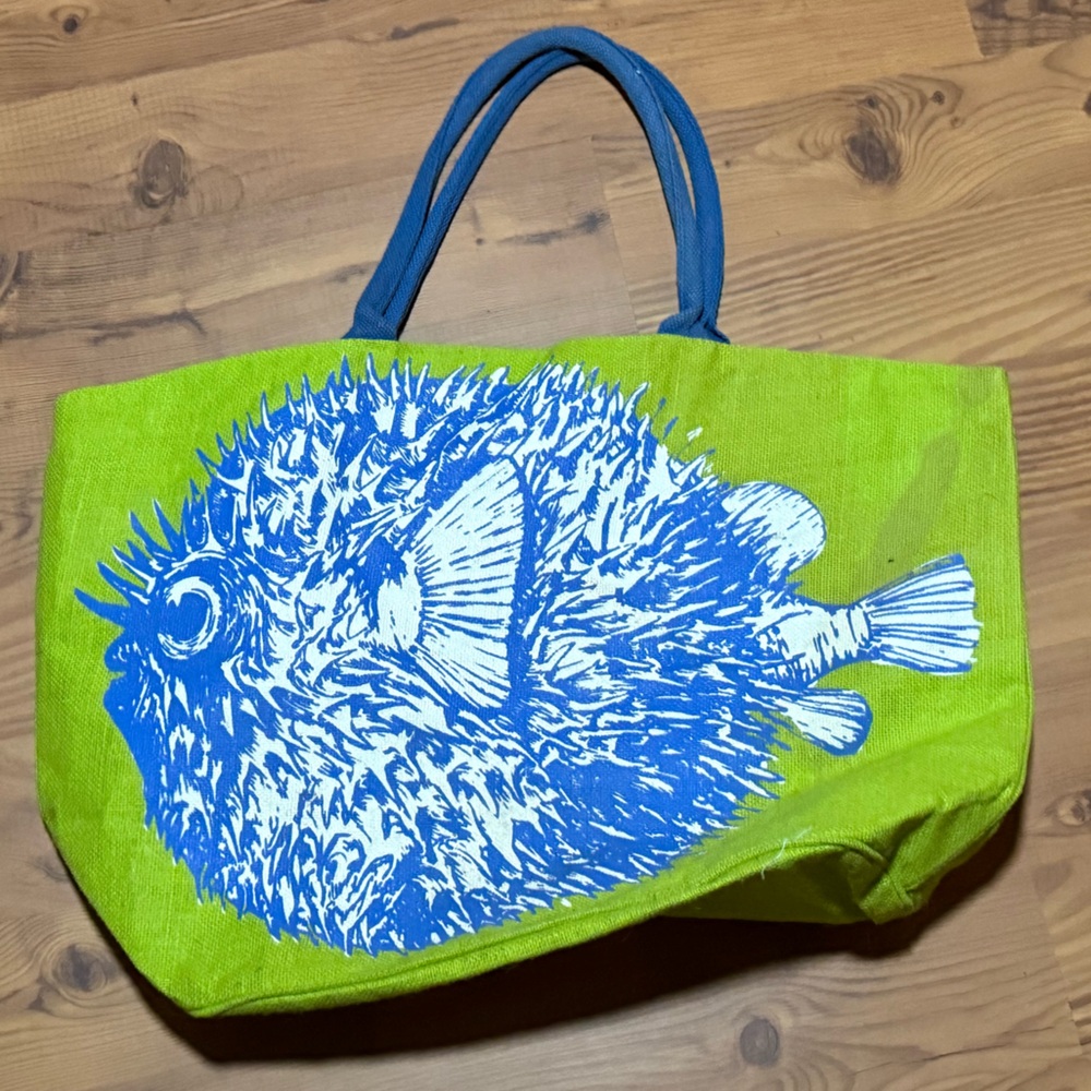 Green Tote Bag with Blue Fish Design